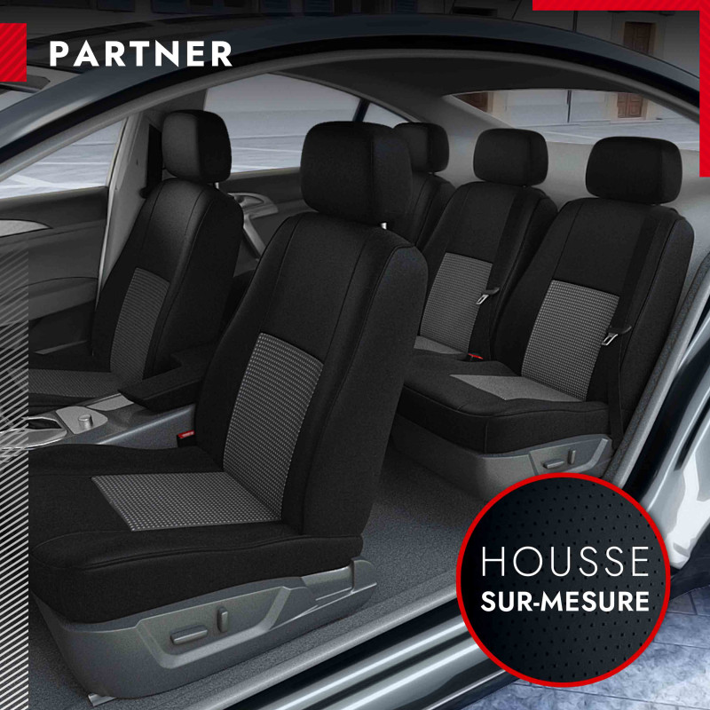 Housse siège chauffeur utilitaire sur mesure pour Peugeot Partner 3 - 3  places Tuning noir et blanc