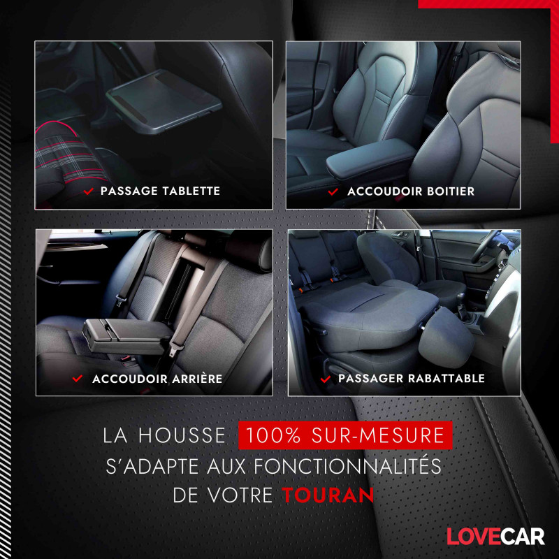 Tapis Sur Mesure MTM Pour Volkswagen Touran (1T) 5 Places 2003-2014 - Velours Noir, 4 Pièces, Talonnette Conducteur