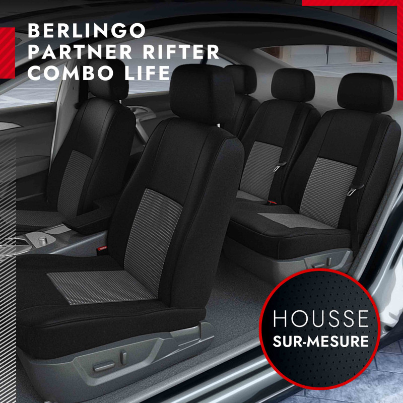 Housses de siège auto en tissu sur mesure (version 3 places) compatibles  avec Berlingo et Partner jusqu'en 2018